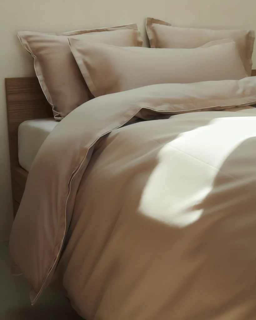 Inspiration – bäddad säng i Barton Satin Egypt Sand med vit passpoal, hög trådtäthet 600 TC